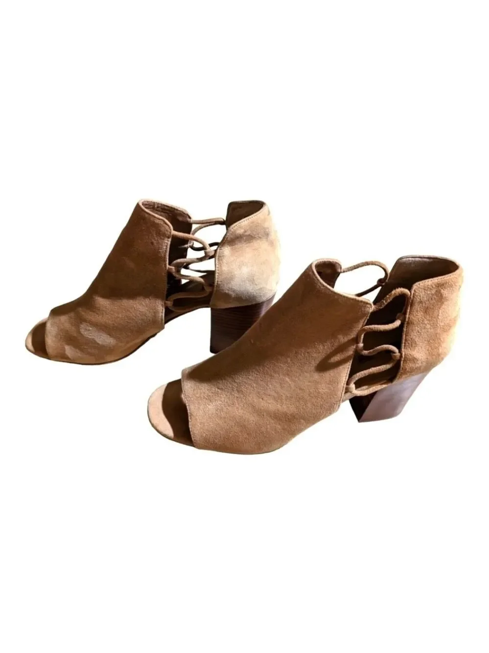 𝅺Tahari Post Tan Suede Peep Toe Booties Size 9.5 Sharp
